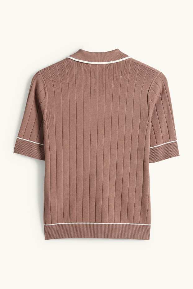 Dona - Jersei de punt de mitja - mànigues curtes - acanalat - marró