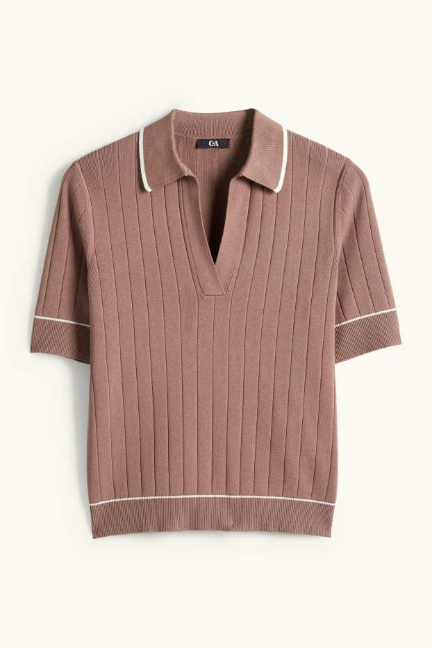 Dona - Jersei de punt de mitja - mànigues curtes - acanalat - marró