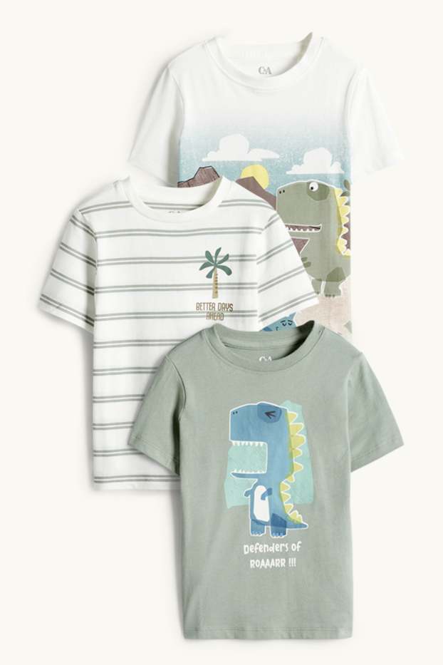 Kinder Jungen - Multipack 3er - Dino - Kurzarmshirt - weiß / grün