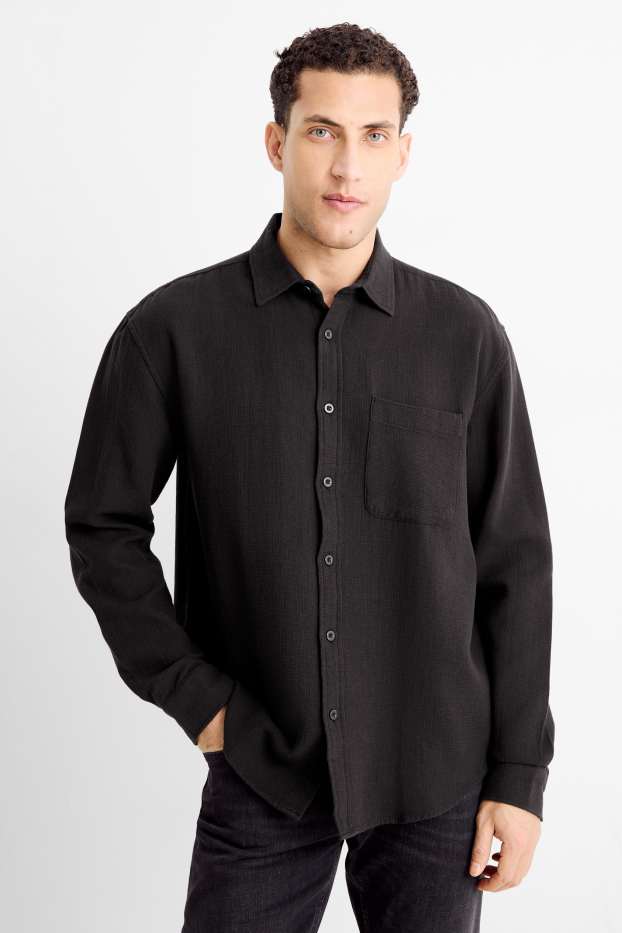 Hommes - Chemise - loose fit - col kent - finition texturée - noir