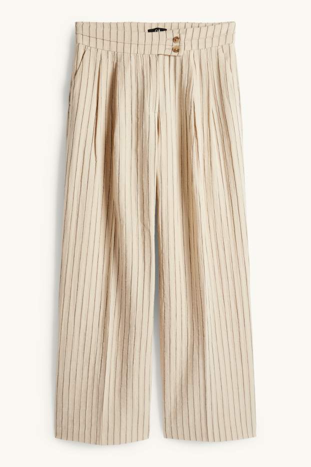 Dámské - Plátěné kalhoty - mid waist - wide leg - s úzkými proužky - černá/béžová