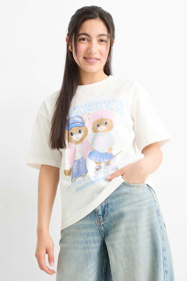 Bambine - Gatto - maglia a maniche corte - bianco / blu