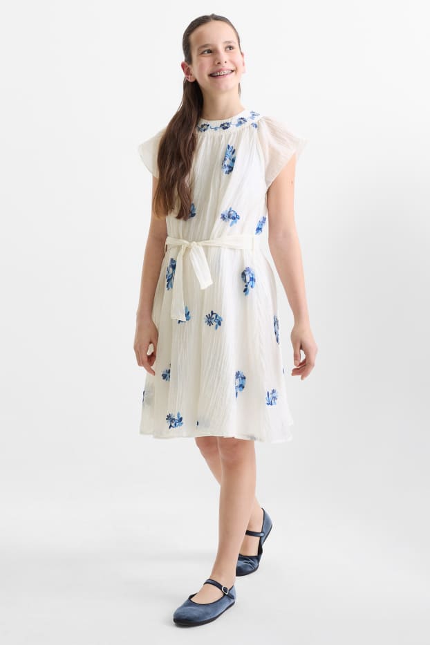 Enfants filles - Fleur - robe - effet brillant - bleu  / crème