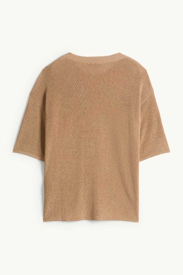 Femei - Pulover tricotat - mânecă scurtă - reiat - aspect lucios - bej