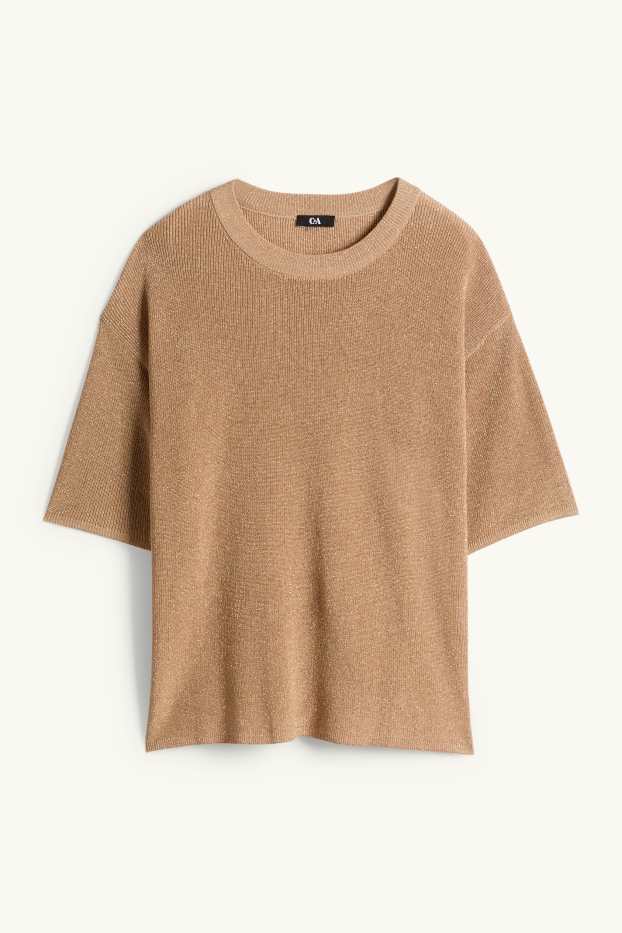 Femei - Pulover tricotat - mânecă scurtă - reiat - aspect lucios - bej