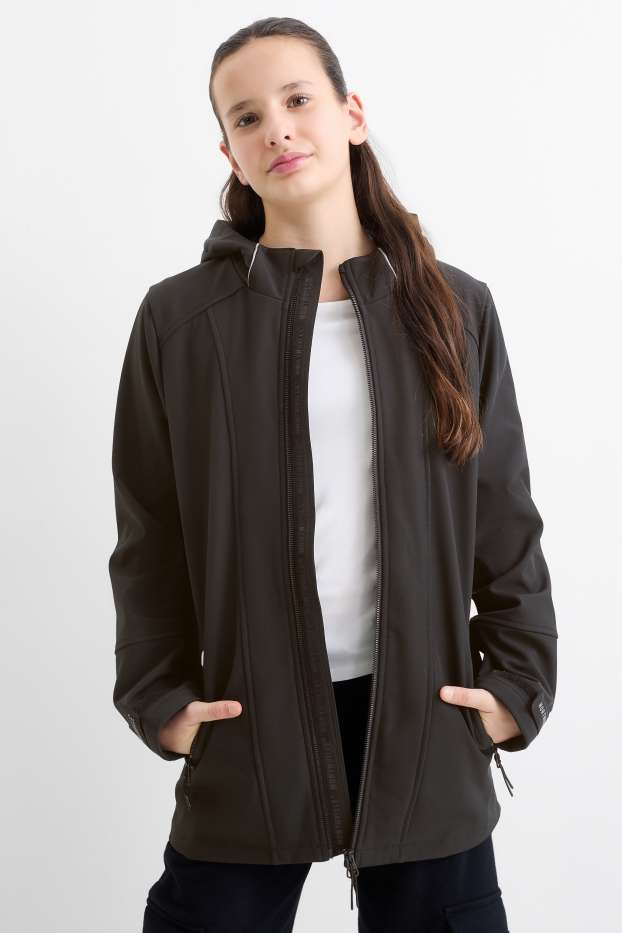 Kinder Mädchen - Softshelljacke mit Kapuze - wasserdicht - schwarz