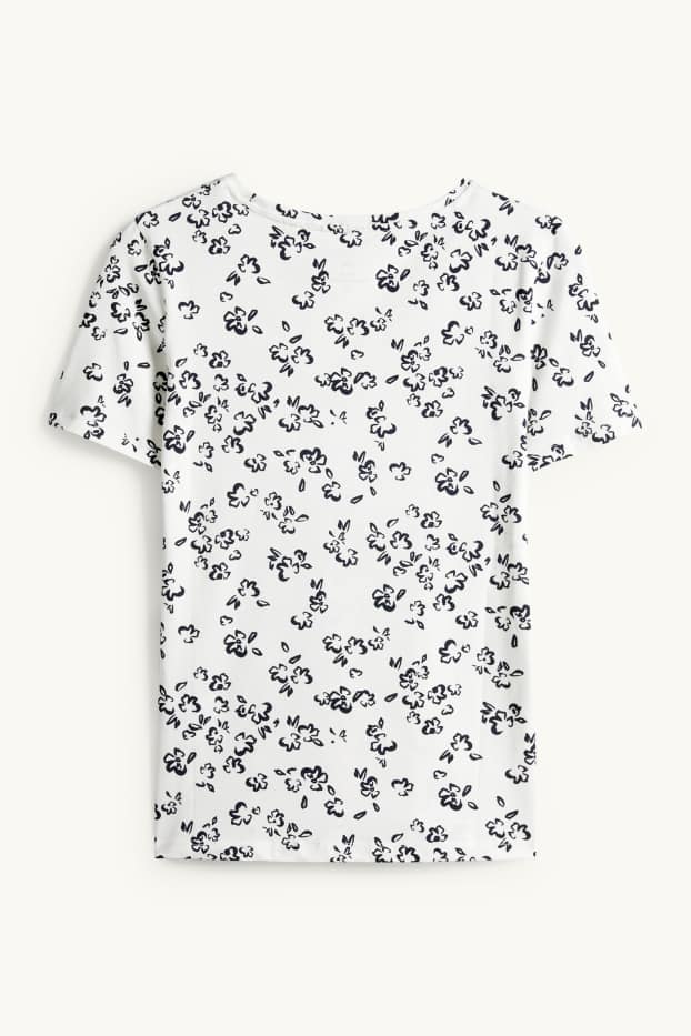 Dámské - Tričko - slim fit - s květinovým vzorem - bílá/černá