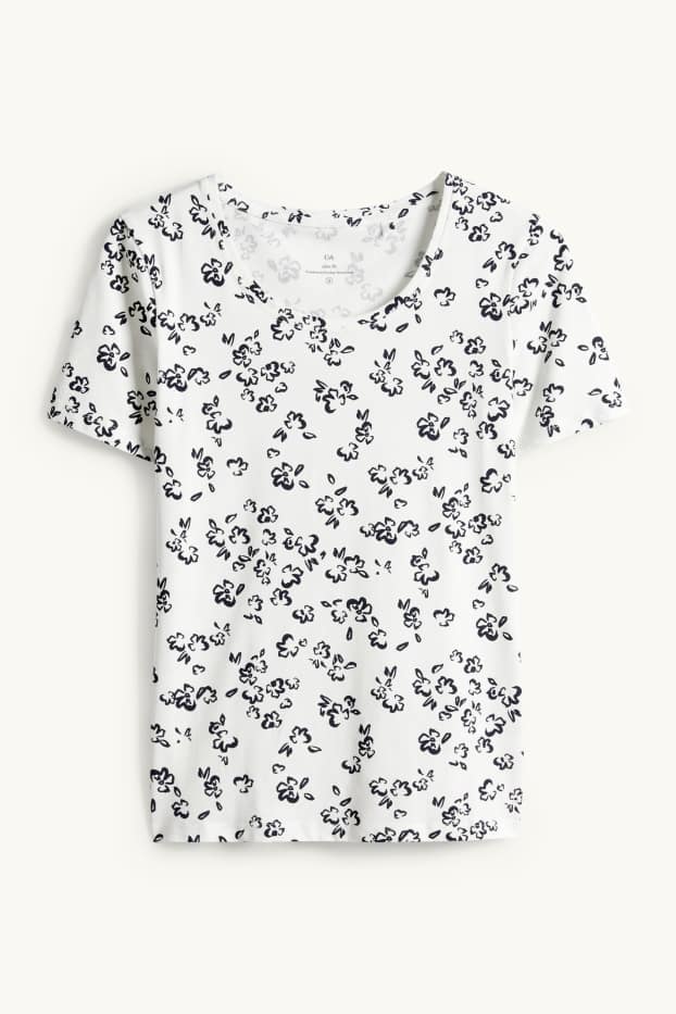 Dámské - Tričko - slim fit - s květinovým vzorem - bílá/černá