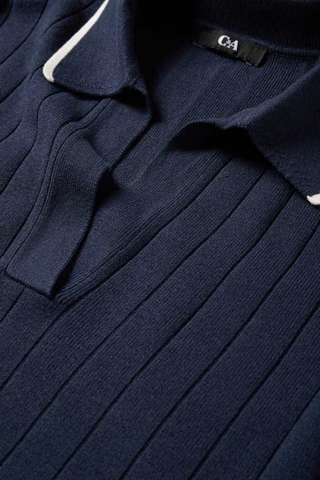 Femmes - Pull en maille - manches courtes - côtelé - bleu foncé / blanc