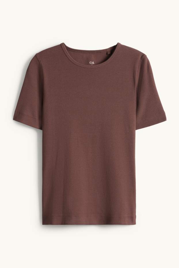 Femmes - T-shirt - slim fit - finition côtelée - marron