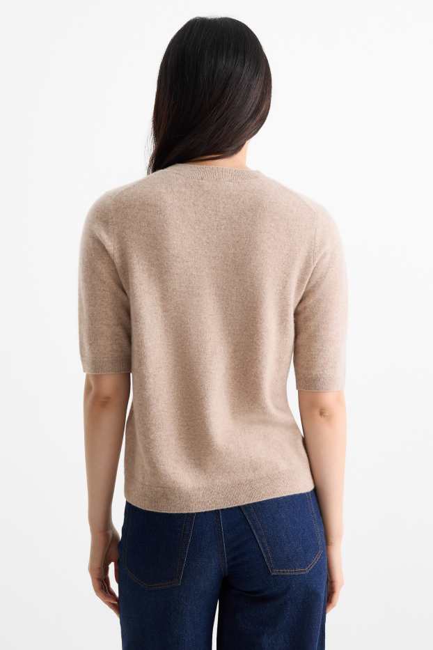 Femmes - Pull en maille en cachemire - manches courtes - beige