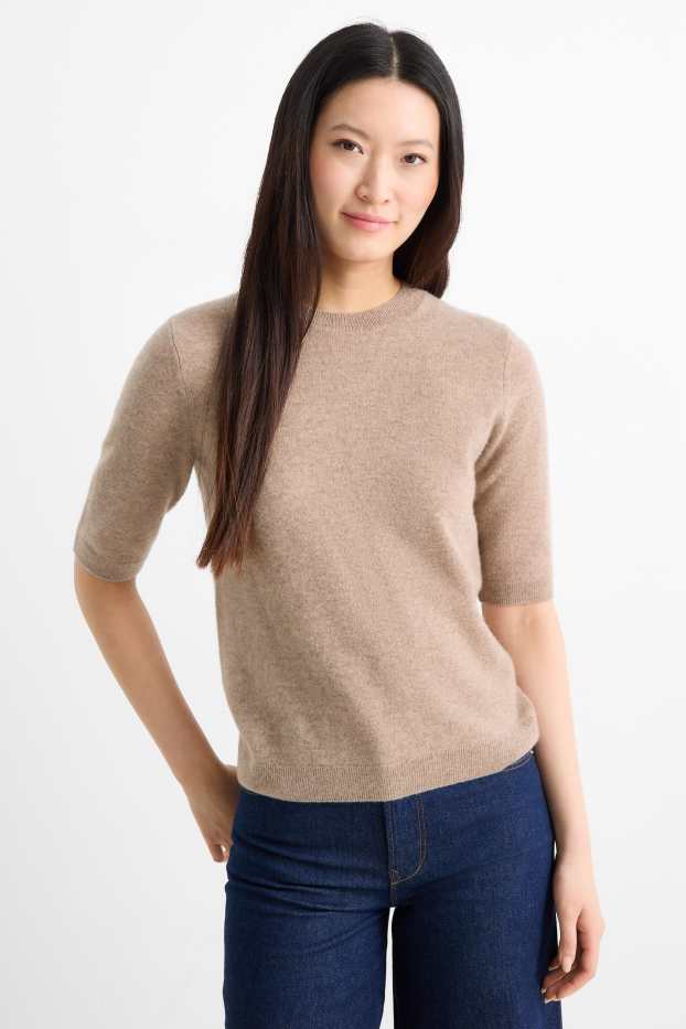 Femmes - Pull en maille en cachemire - manches courtes - beige