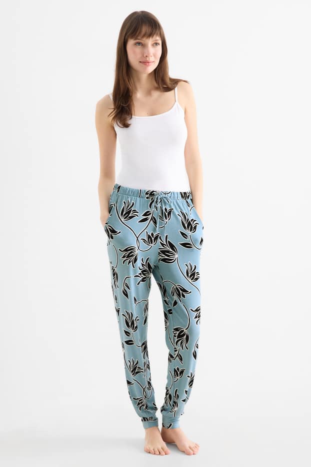 Donna - Pantaloni pigiama di viscosa - a fiori - blu