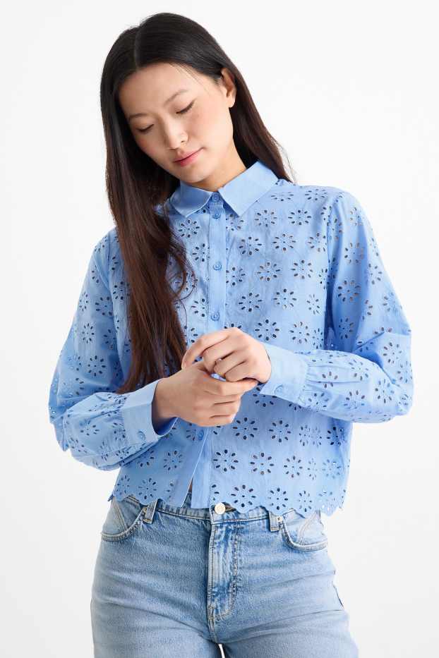 Dames - Blouse - Broderie Anglaise - blauw