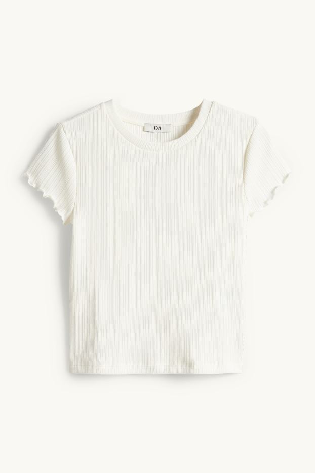 Dames - Kort T-shirt - slim fit - geribd - crèmekleurig