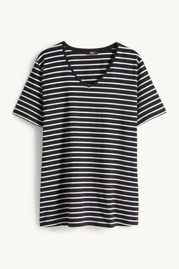 Dames - T-shirt met V-hals - gestreept - zwart / wit