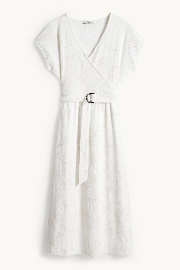 Femmes - Robe Fit & Flare à ceinture - à fleurs - finition texturée - blanc crème