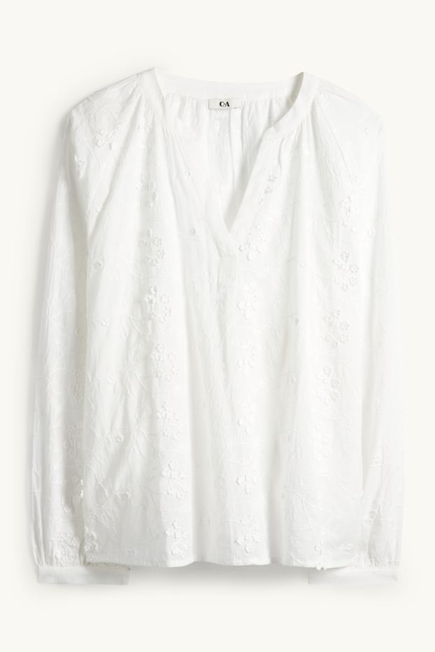 Dona - Brusa amb coll en punta - de flors - texturada - blanc