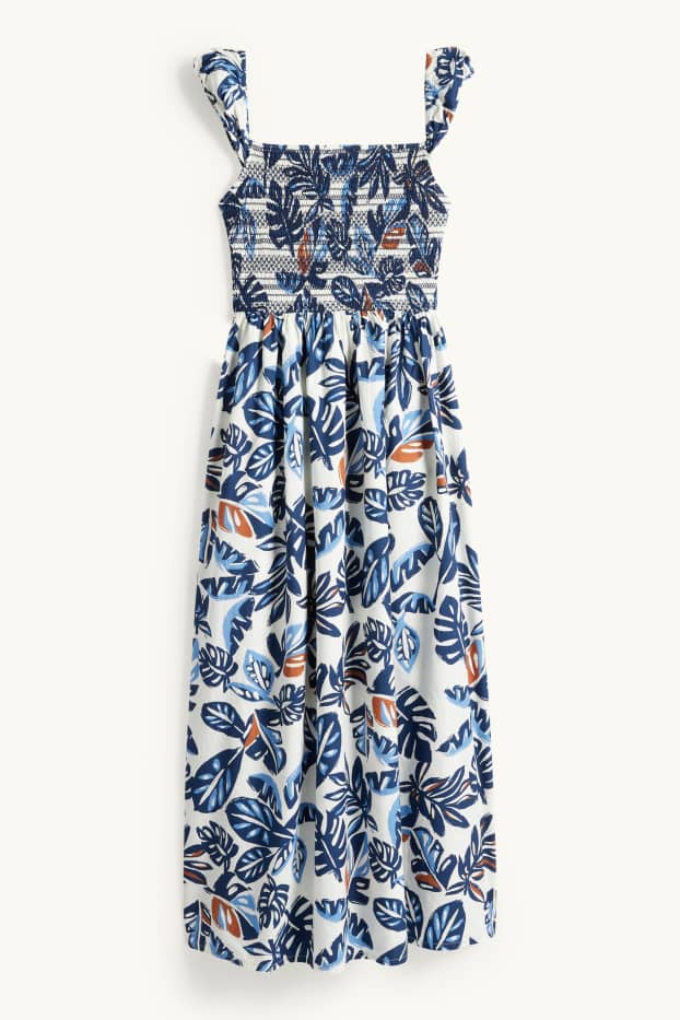 Femmes - Robe - à motif - smockée - bleu foncé / blanc crème