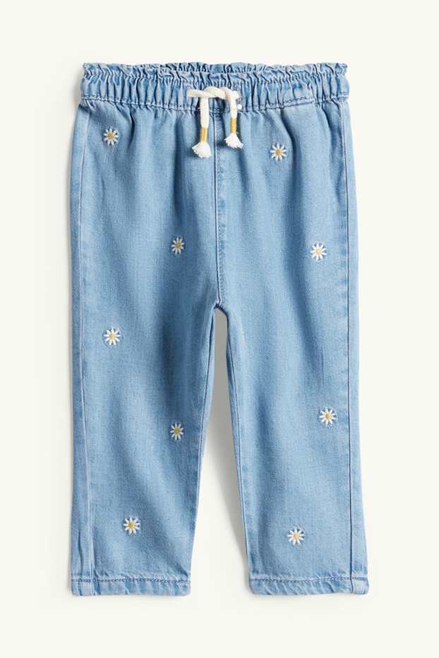 Bebeluși - fete - Floricele - pantaloni bebeluși - aspect de jeans - albastru