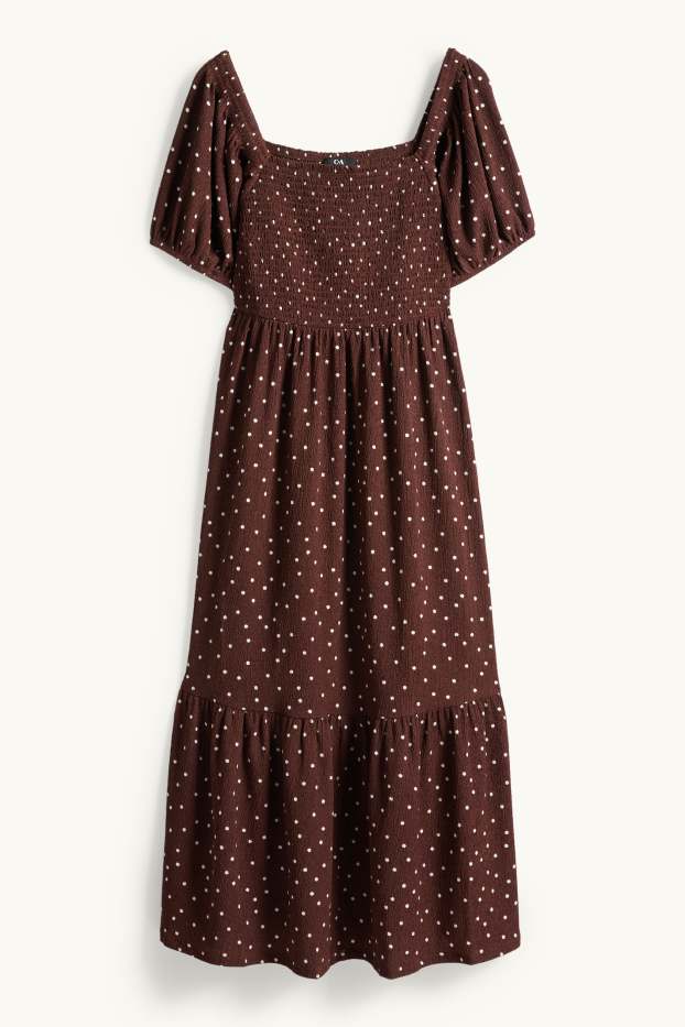 Donna - Vestito fit & flare - a pois - tessuto tramato - arricciato - marrone