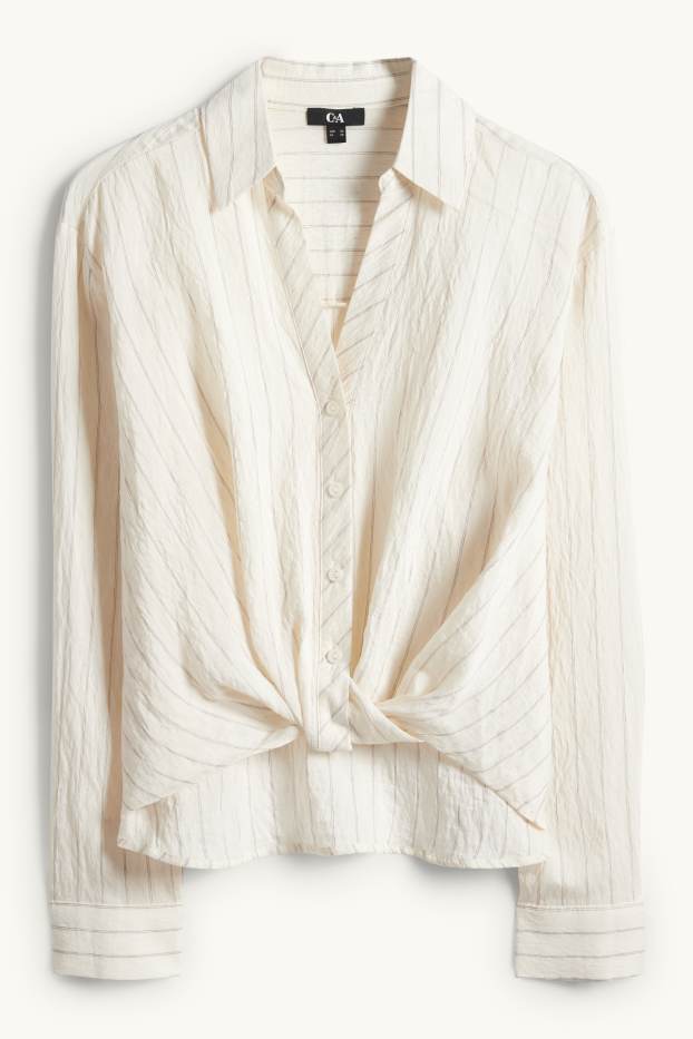 Dames - Blouse met knoop in de stof - gestreept - crème wit