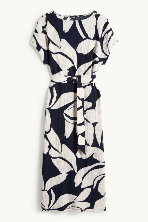 Femmes - Robe à ceinture - à fleurs - texturée - bleu  / beige