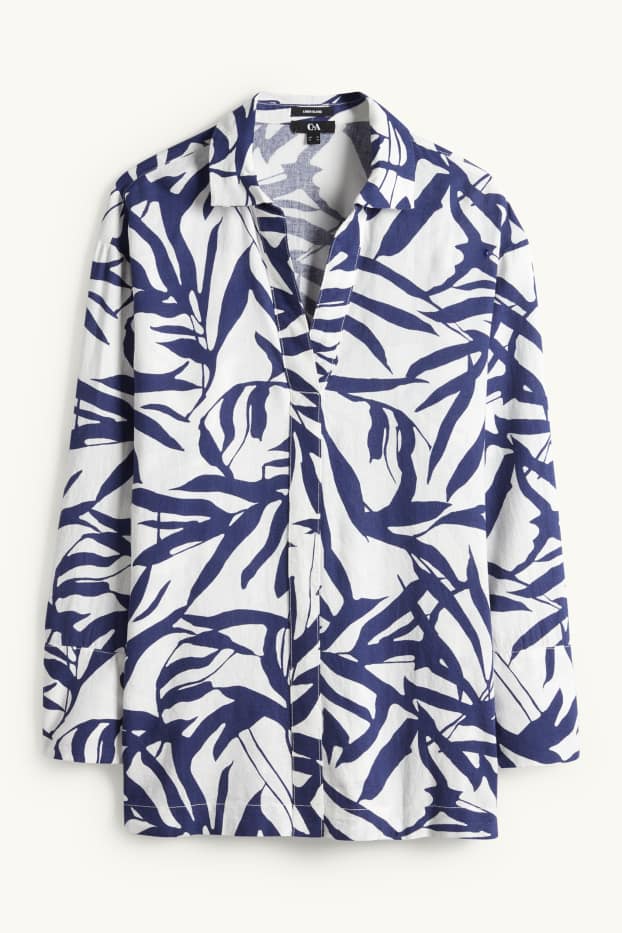 Damen - Bluse mit V-Ausschnitt - Leinen-Mix - gemustert - weiß / blau