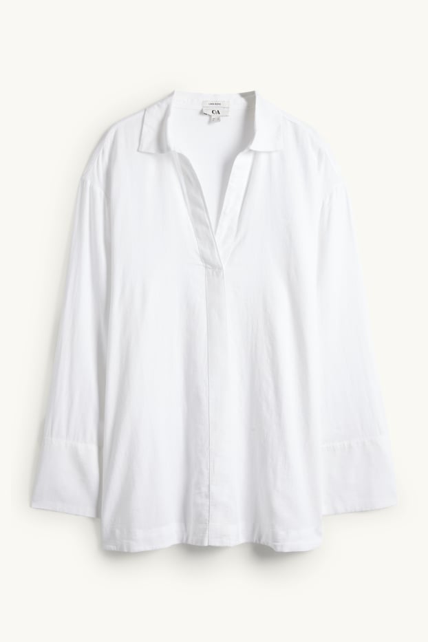 Femmes - Chemisier à col en V - lin mélangé - blanc