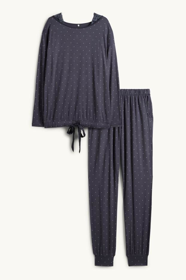 Dames - Pyjama van viscose - met stippen - donkerblauw