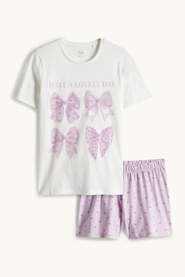 Děti - dívky - Mašle a srdíčka - letní pyžamo - 2dílné - fialová/bílá
