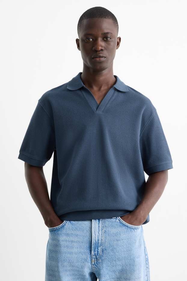 Herren - Strick-Poloshirt - Relaxed Fit - gerippt - dunkeltürkis