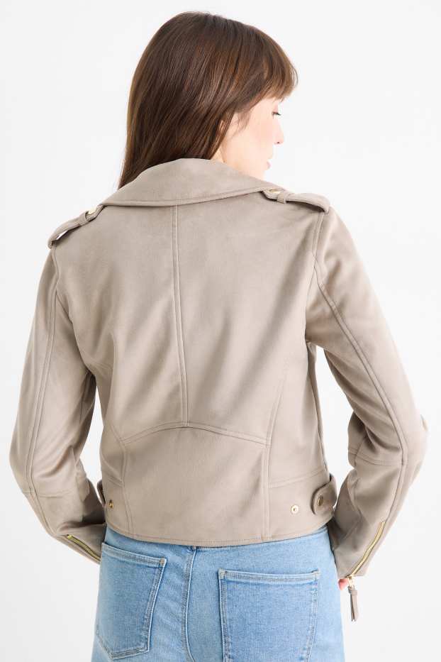 Dames - Bikerjack - imitatiesuède - grijs