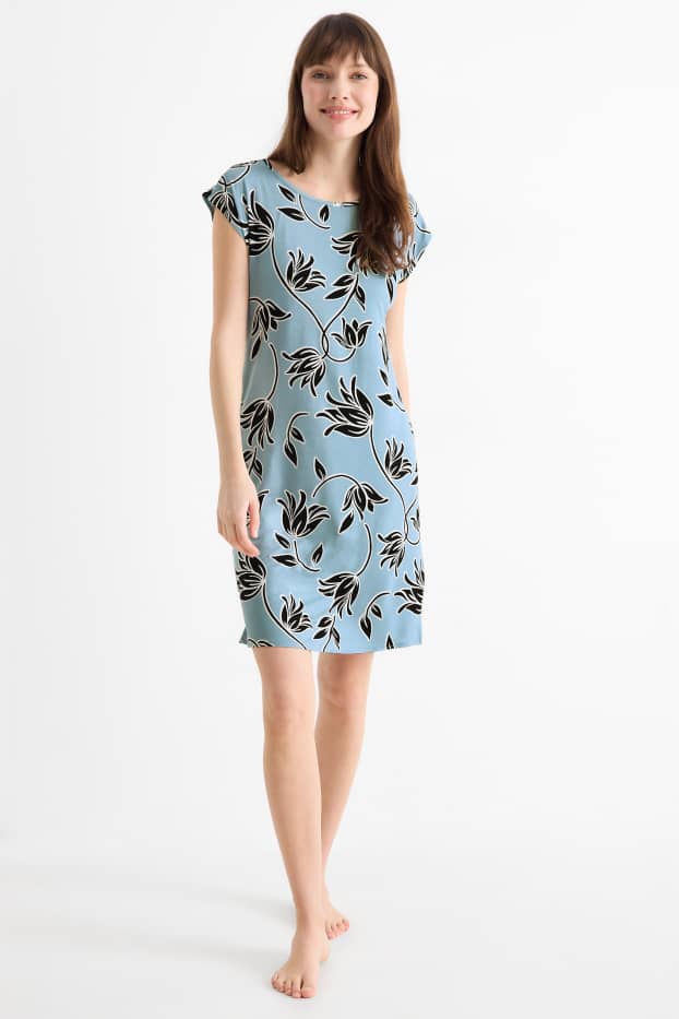 Dames - Nachthemd van viscose - gebloemd - blauw
