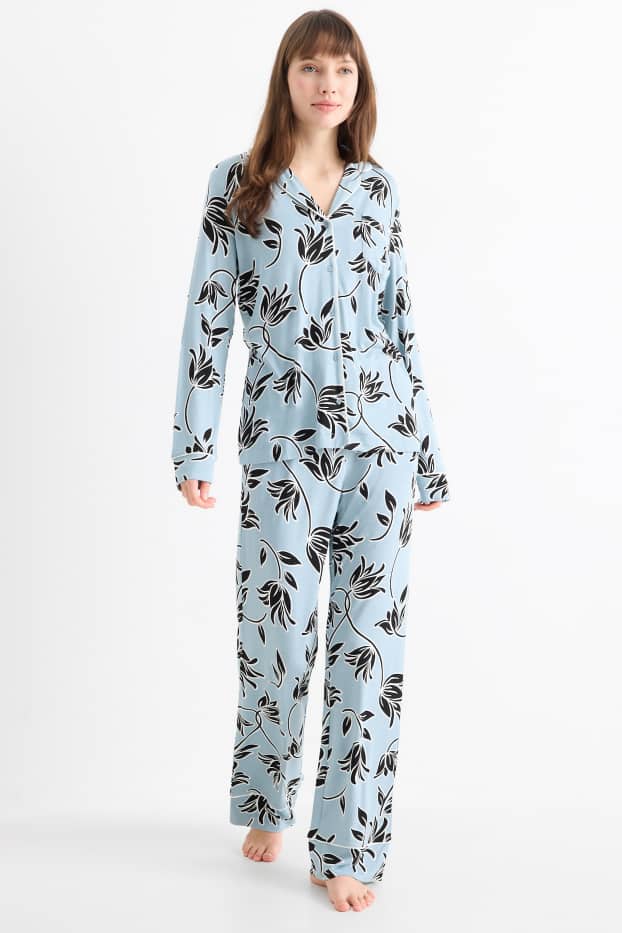 Damen - Viskose-Pyjama - geblümt - blau
