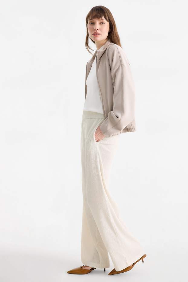 Mujer - Pantalón de jersey - mid waist - wide leg - con textura - beige claro