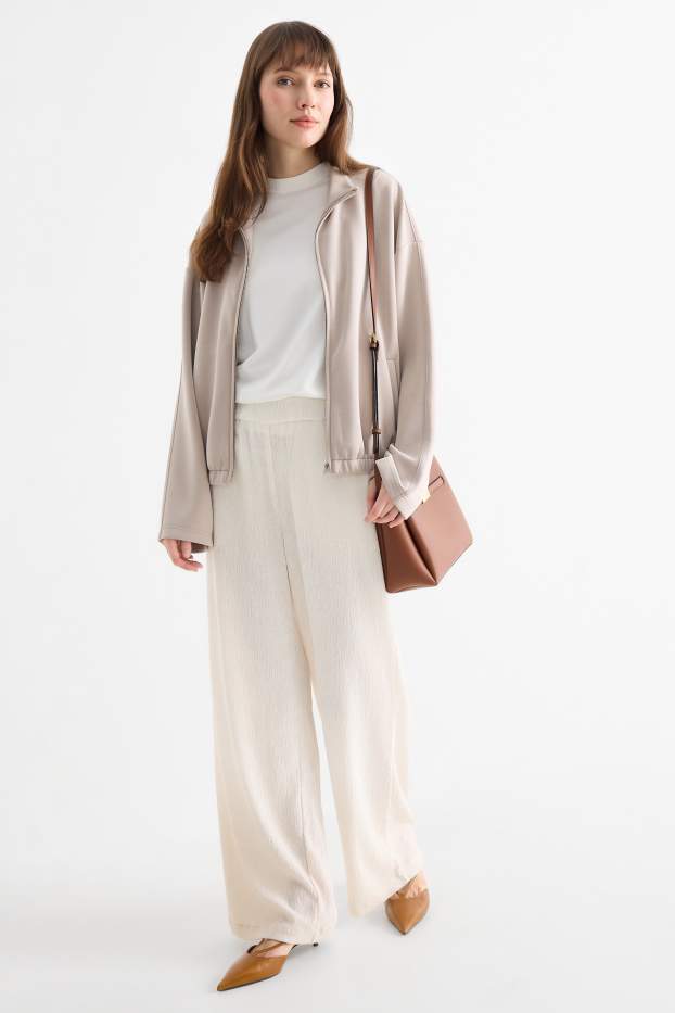 Mujer - Pantalón de jersey - mid waist - wide leg - con textura - beige claro