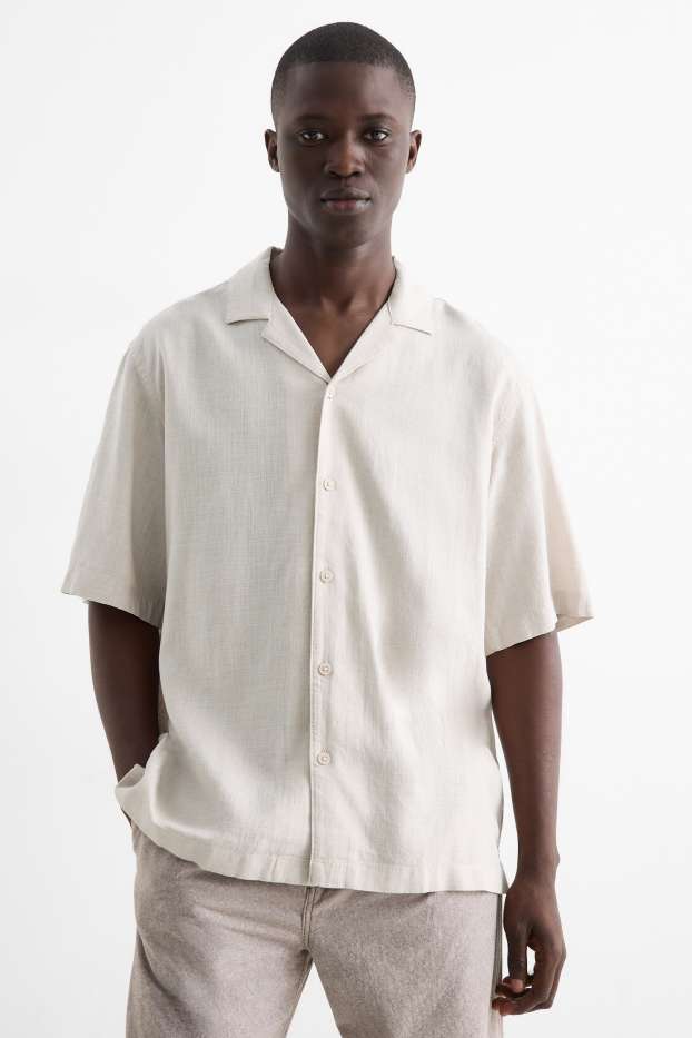 Pánské - Košile s lněným podílem - relaxed fit - klopový límec - světle béžová