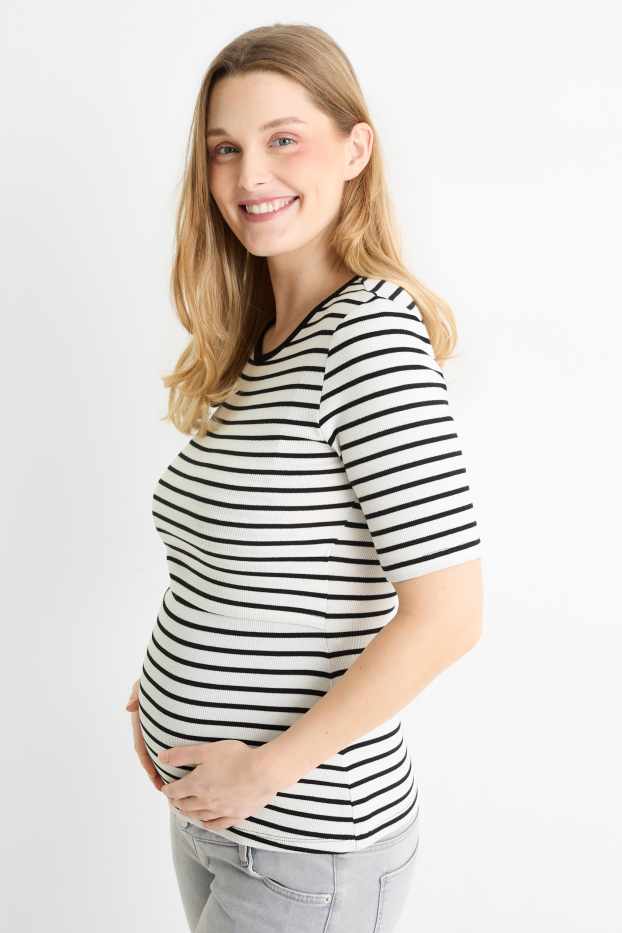 Women - Nursing T-shirt - slim fit - ribbed - striped - white / black