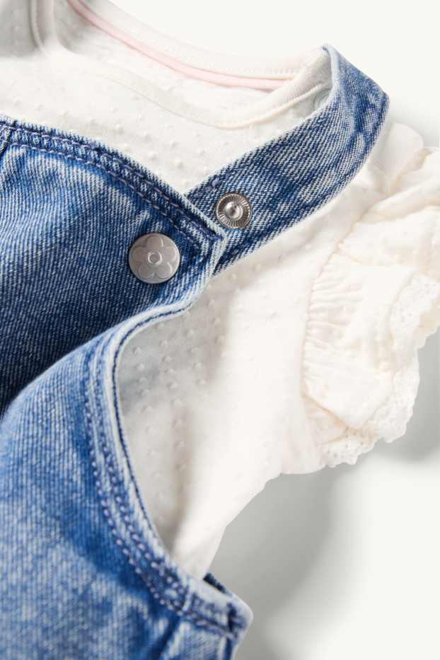 Baby: meisjes - Bloemetje - baby-outfit met haakwerk - 2-delig - wit / blauw