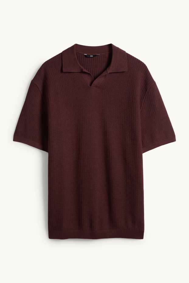 Heren - Gebreid poloshirt - relaxed fit - met structuur - bordeaux