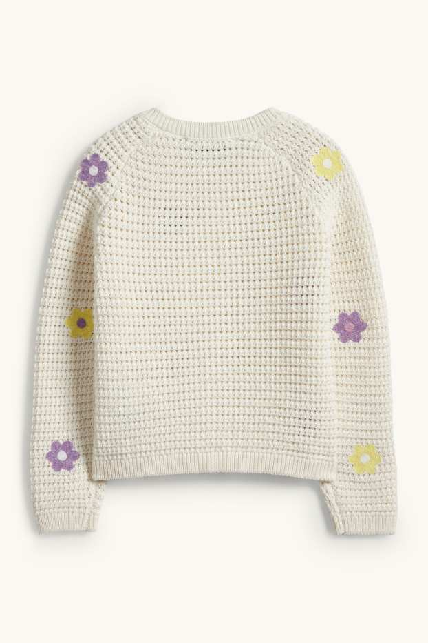 Enfants filles - Fleurs - gilet en maille - finition texturée - blanc crème