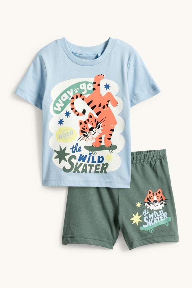 Children Boys - Skateboarder tiger - short pyjamas - 2 piece - light blue