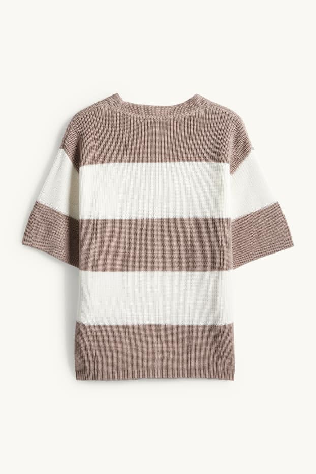 Donna - Maglione - a maniche corte - a coste - a righe - bianco / beige