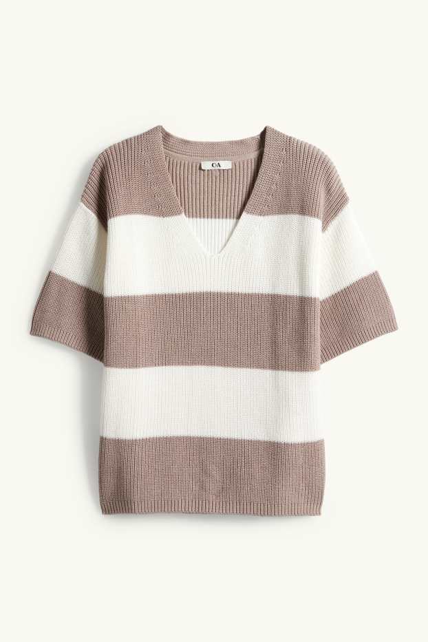 Donna - Maglione - a maniche corte - a coste - a righe - bianco / beige