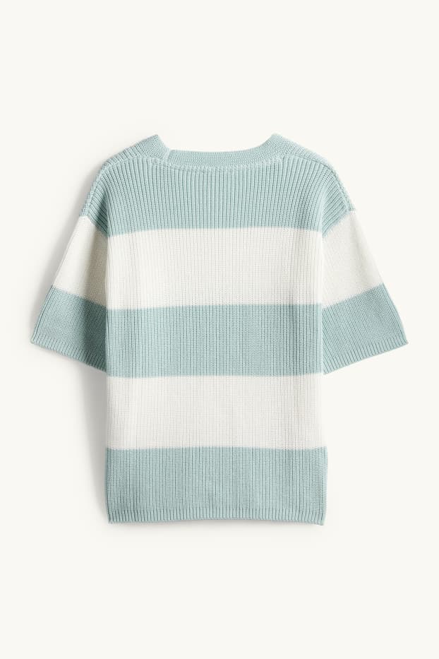Women - Knitted jumper - short sleeve - ribbed - striped - mint green