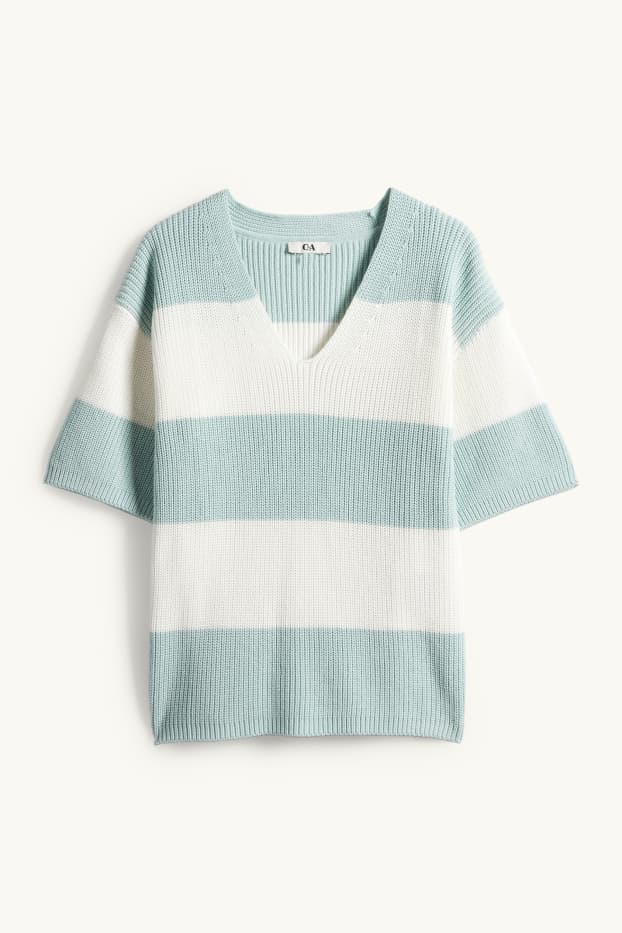 Women - Knitted jumper - short sleeve - ribbed - striped - mint green