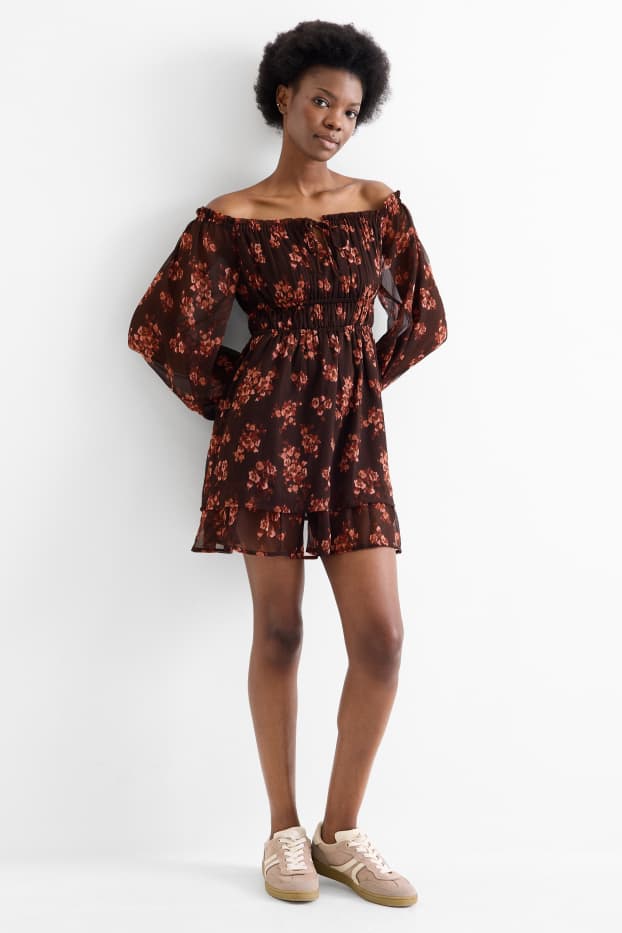 Damen - Empirekleid - geblümt - strukturiert - dunkelbraun