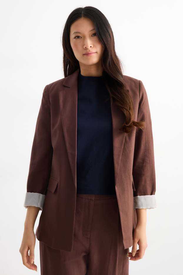 Mujer - Americana larga - regular fit - mezcla de lino - marrón oscuro