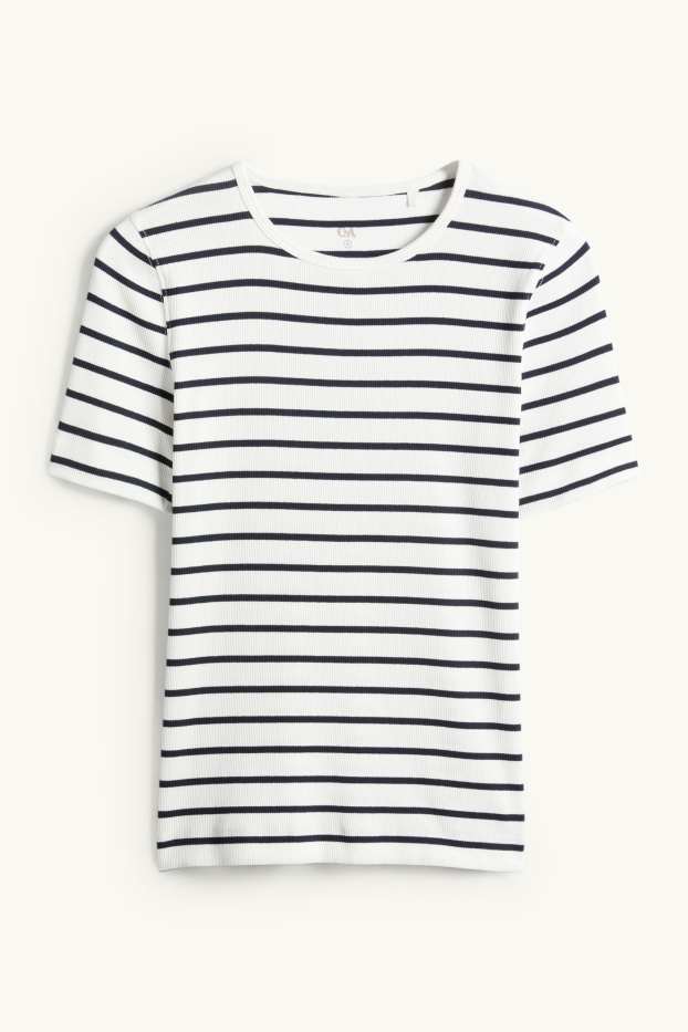 Damen - T-Shirt - Slim Fit - gerippt - gestreift - weiss / schwarz